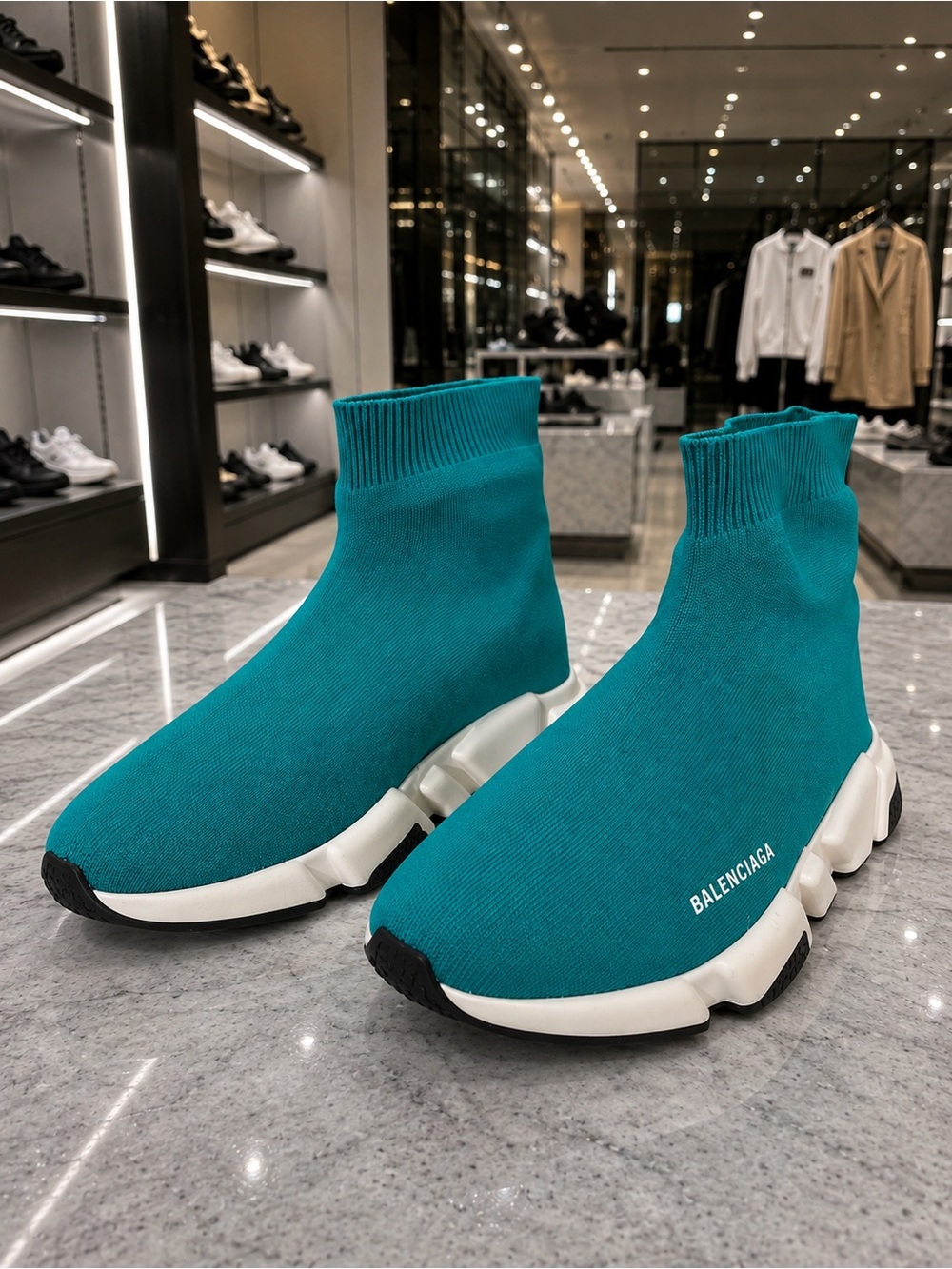 Balenciaga Men's Teal Knit Sock Sneaker with White Sole - Picture 2 of 6